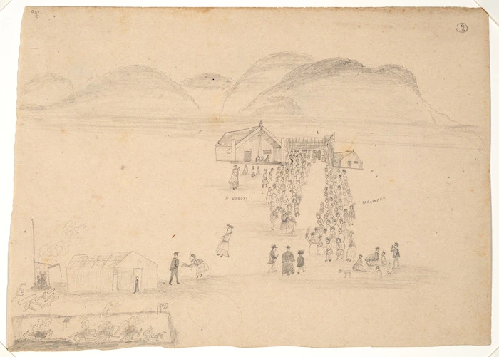 [Artist unknown] :[Sketches of a Maori muru at Parawera; The rival tribes outvying one another in the dance. Between 1860 and 1890?]