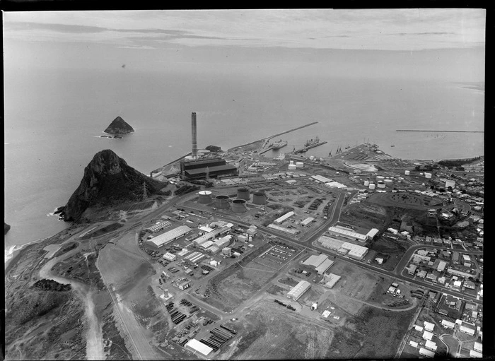 Industrial area of New Plymouth, with power station and Paritutu Rock