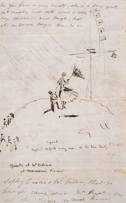 [Heaphy, Charles] 1820-1881 :Episode at Mount Victoria at Freemason's Picnic. Signal - "England expects every man to do his duty". [1874 or 1875]