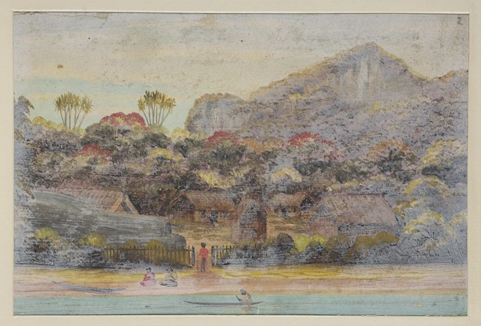 Backhouse, John Philemon, 1845-1908 :[Native village. Mokoia Ild. Rotorua [ ca. 1880]