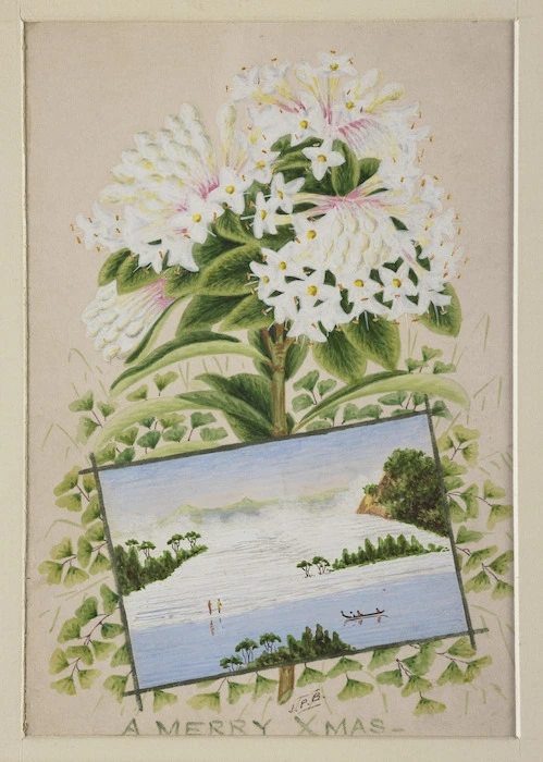 Backhouse, John Philemon, 1845-1908 :[Christmas card showing White Terraces ca. 1880]