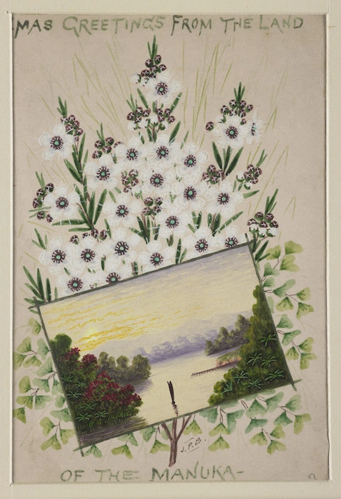 Backhouse, John Philemon, 1845-1908 :[Christmas card with manuka and lake scene. ca. 1880]
