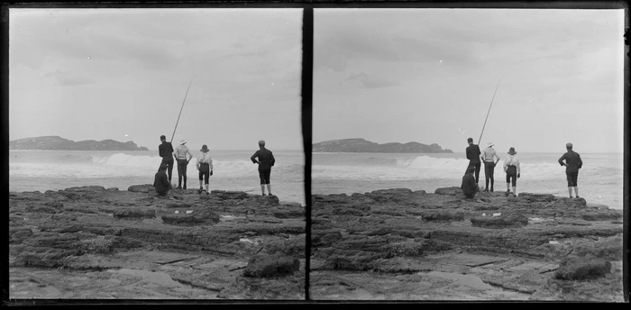 Four boys, fishng off the rocks, Catlins, Otago