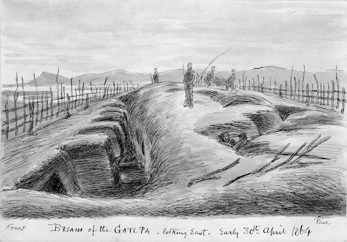 [Robley, Horatio Gordon] 1840-1930 :Breach of the Gate Pa - looking east. Early 30th April, 1864.