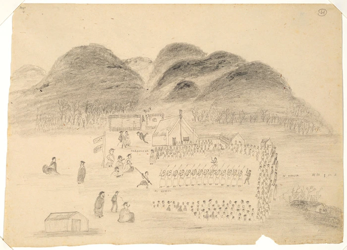 [Artist unknown] :[Sketches of a Maori muru at Parawera; the co-respondents. Confronted by the injured husband and wife, while the giddy dance proceeds in front of the marae. Between 1860 and 1890?]