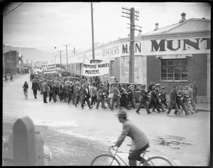 Members of the Petone Unemployed Worker's Movement, in Petone, marching to Parliament