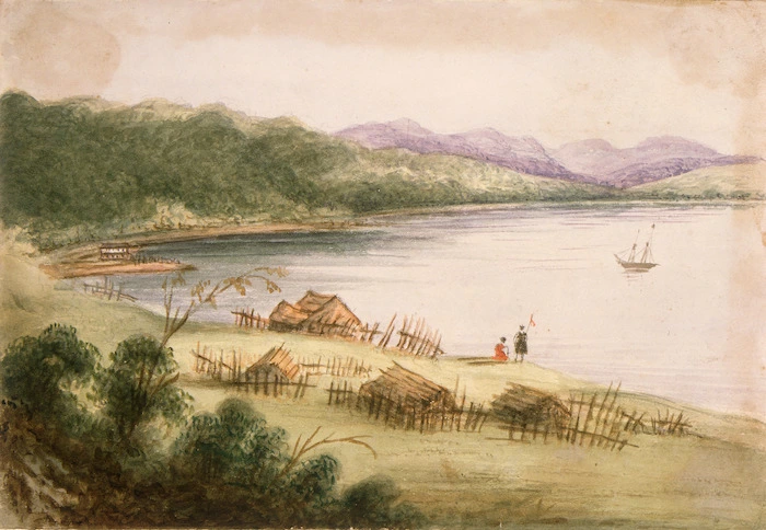 Gold, Charles Emilius 1809-1871 :[Pipitea Pa, Thorndon, from the rear with Kaiwharawhara hotel and the Hutt Valley in the background. 1847?]