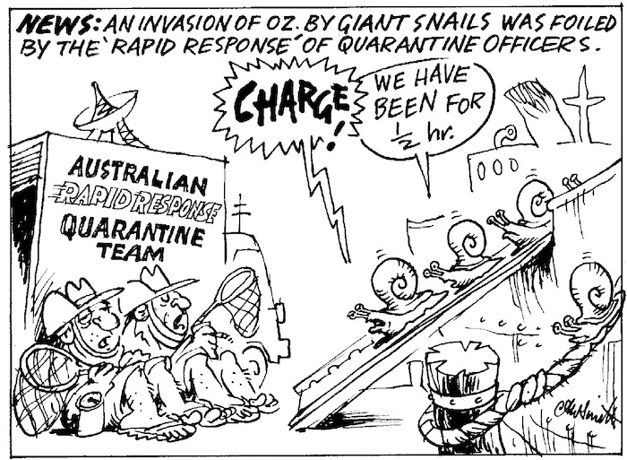 Smith, Ashley W., 1948- :News. An invasion of Oz. by giant snails was foiled by the 'rapid response' of quarantine officers. New Zealand Shipping Gazette, 25 November 2000.