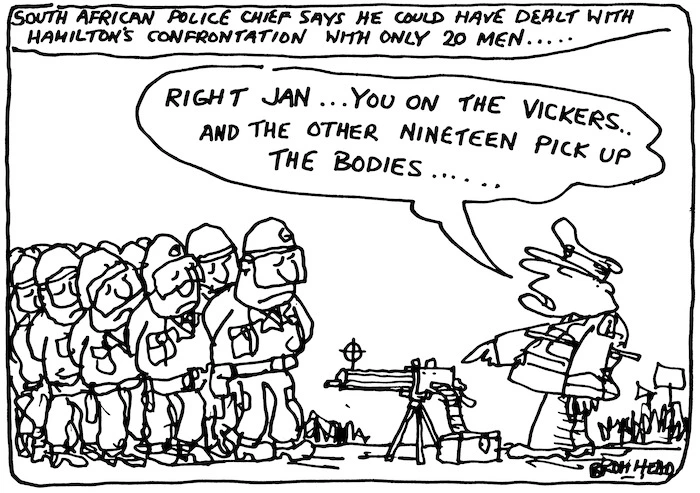 Bromhead, Peter, 1933- :'Right Jan...you on the vickers..and the other nineteen pick up the bodies...' Auckland Star, 28 July 1981.