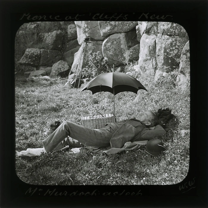 Mr Murdoch asleep, picnic at Cliffs, Kew, Dunedin