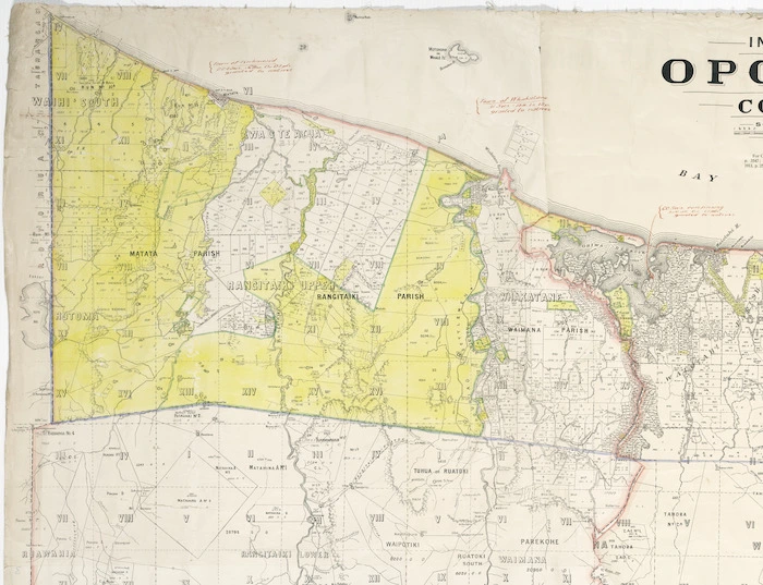 [Sims Commission?] :[Map showing Maori land confiscation in Bay of Plenty Confiscation area] [map with ms annotations]. [1927?]