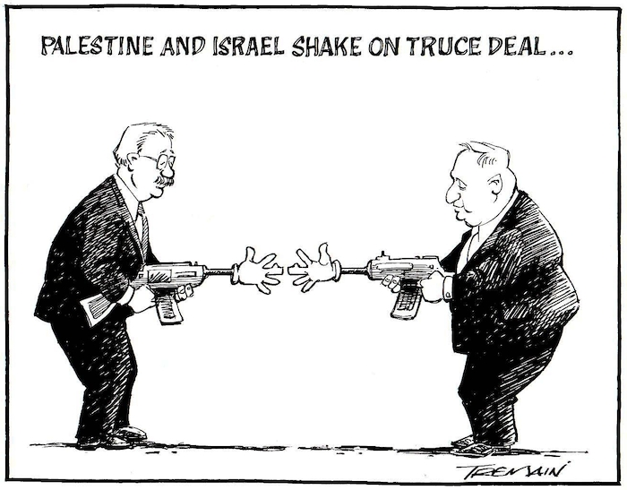 Tremain, Garrick, 1941- :Palestine and Israel shake hands on truce deal... Otago Daily Times, 9 February 2005.