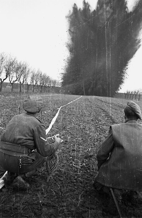 Kaye, George 1914- : NZ Engineers blow the stop banks of the Lamone River during exercises