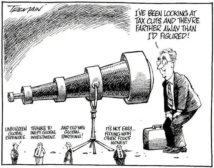 "I've been looking at tax-cuts and they're further away than I'd figured!" "Unforeseen global expenses." "Thanks to inept global investment." "And old MPs' global partying!" "It's not easy fooling with other folk's money!" 16 March, 2008