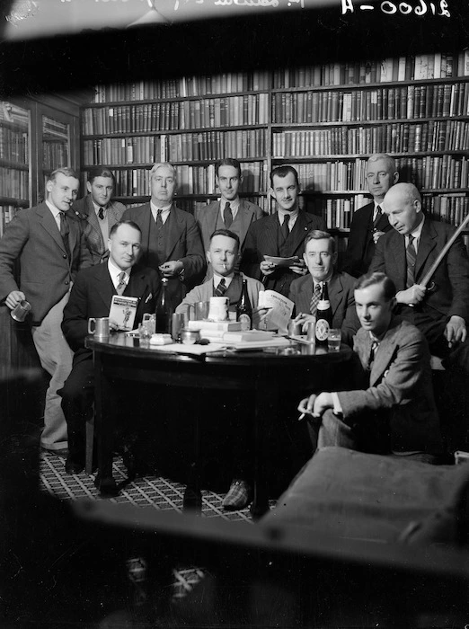 Group of Wellington writers in the study of Pat Lawlor's home