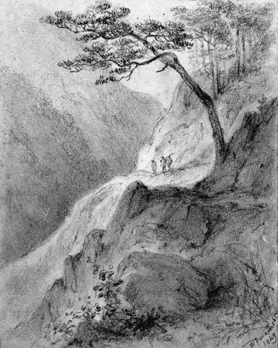 Swainson, William, 1789-1855 :Second Hutt Gorge - looking up, 1849.