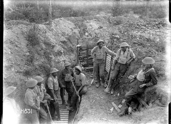 Members of the World War I Maori Pioneer Battalion taking a break from trench improvement work, near Gommecourt, France