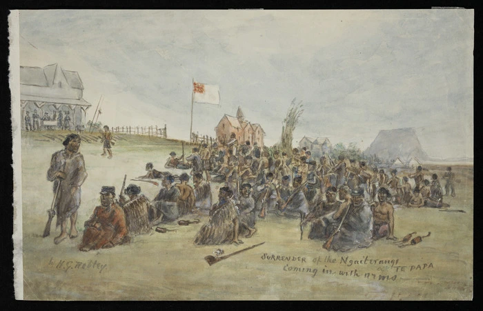 Robley, Horatio Gordon 1840-1930 :Surrender of the Ngaiterangi at Te Papa - coming in with arms