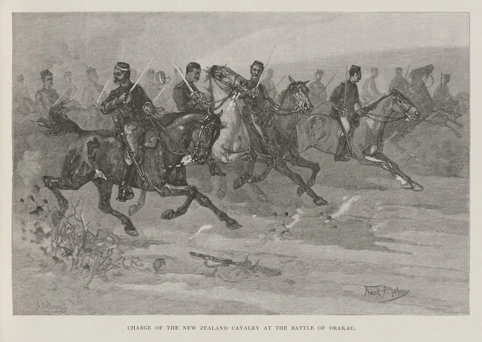 Malony, Frank P. :The charge of the New Zealand cavalry at the Battle of Orakau [1864]. [Drawn by] Frank P. Malony. A. Hayman sc. Picturesque Atlas of Australasia, 1886