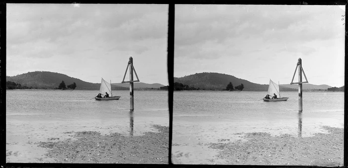 Small sail boat on Catlins River [Lydia Myrtle Williams, Edgar Richar Williams, and Owen William Williams?], Clutha District, Otago Region