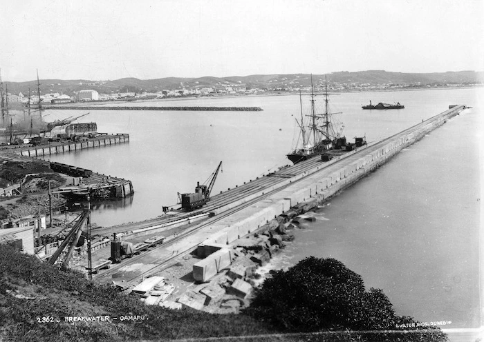 View of the breakwater extending into the Oamaru harbour