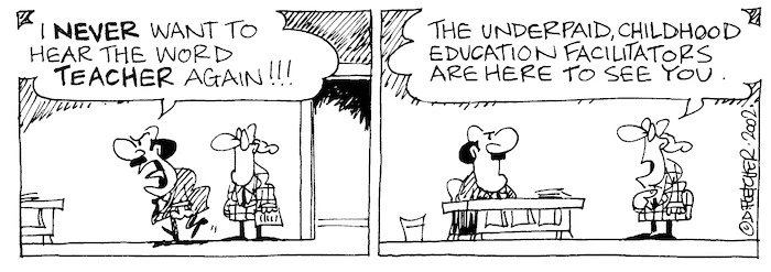 Fletcher, David, 1952- :'I NEVER want to hear the word TEACHER again!!!' 'The underpaid, childhood education facilitators are here to see you.' The Dominion, 12 June 2002.