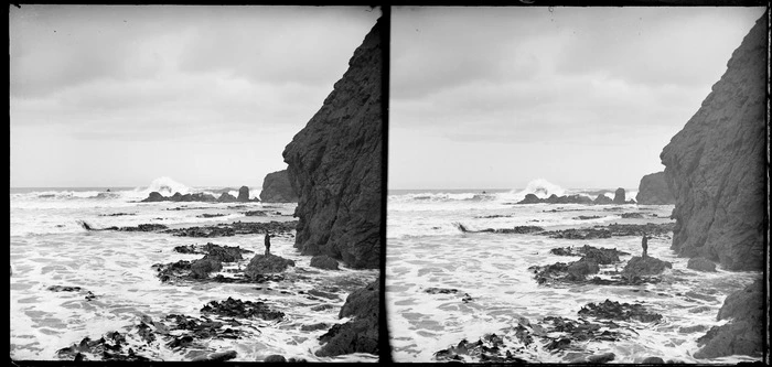 Stormy coastal scene, featuring kelp and cliffs, and including an unidentified boy standing on a rock, Black Head, Dunedin, Otago Region