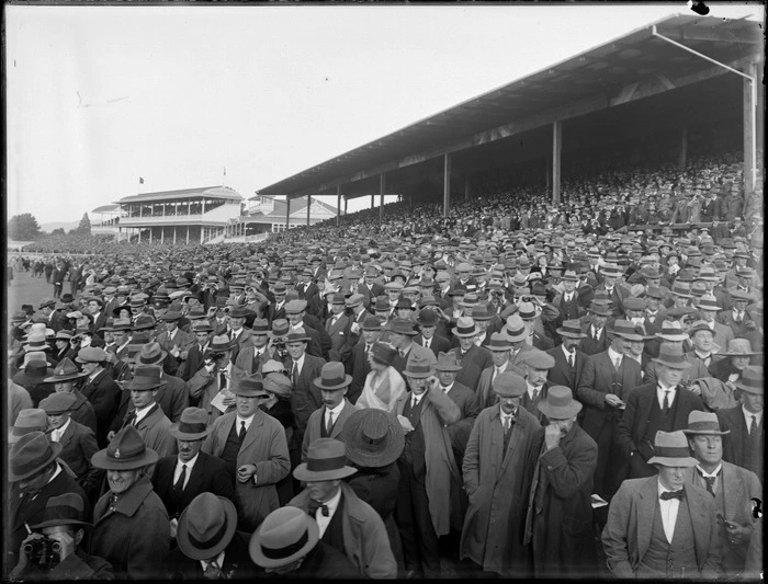 Spectators in the grandstands at Riccarton Racecourse, Christchurch