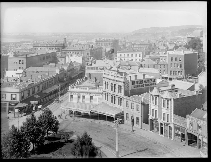 General view of the city area of Dunedin, Otago, including the business premises of Herbert Haynes and Company, furniture warehouse and New Zealand Clothing Factory