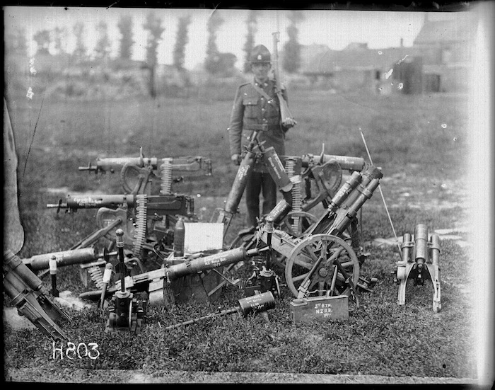 Guarding the guns captured at Messines, World War I