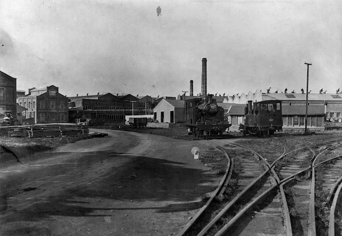 Two railway engines outside the Gear Meat Company, Petone