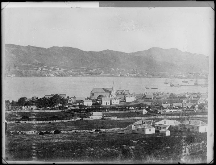 Thorndon, Wellington, looking towards Lambton Harbour, showing houses and St Paul's Anglican Church on Mulgrave Street