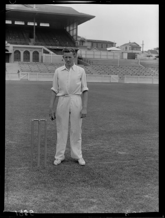 Cricketer Bob Blair demonstrating his bowling skills, Basin Reserve, Wellington