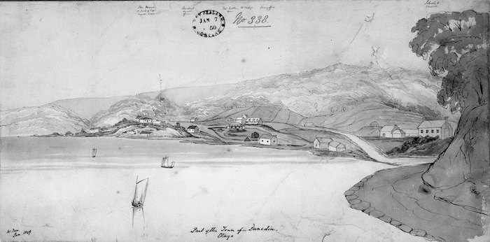 Fox, William 1812-1893 :Part of the town of Dunedin, Otago. W. Fox. Jan. 1849