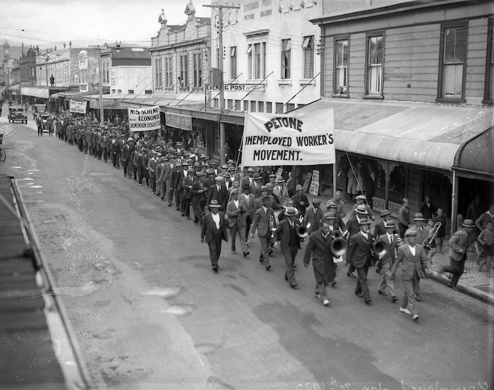 Members of the Petone Unemployed Worker's Movement marching to Parliament