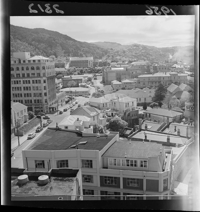 View from New Zealand Dairy Board building showing the start of The Terrace with Bowen Hospital, Alexander Turnbull Library and old Government House