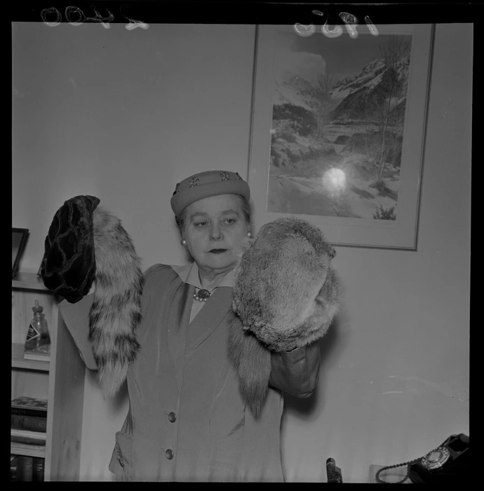 Mable Howard with 'Davy Crockett' coonskin caps