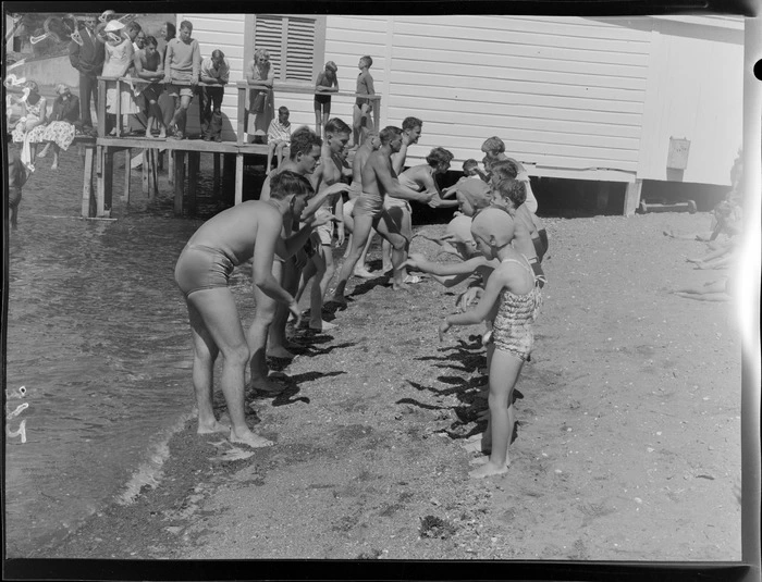 Children learning to swim at Evans Bay, Wellington