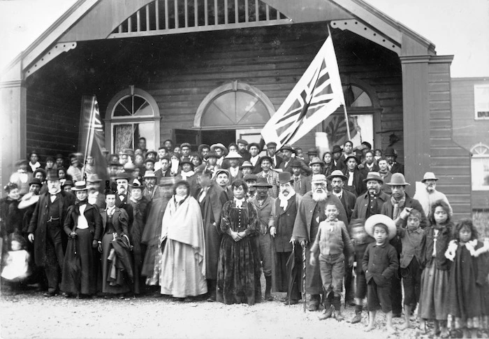 Maori group at the opening of the meeting house at Papawai Pa, Greytown
