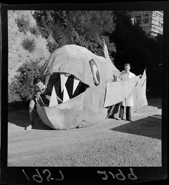 Victoria University of Wellington, students with a sea-monster float, Capping Parade, Wellington