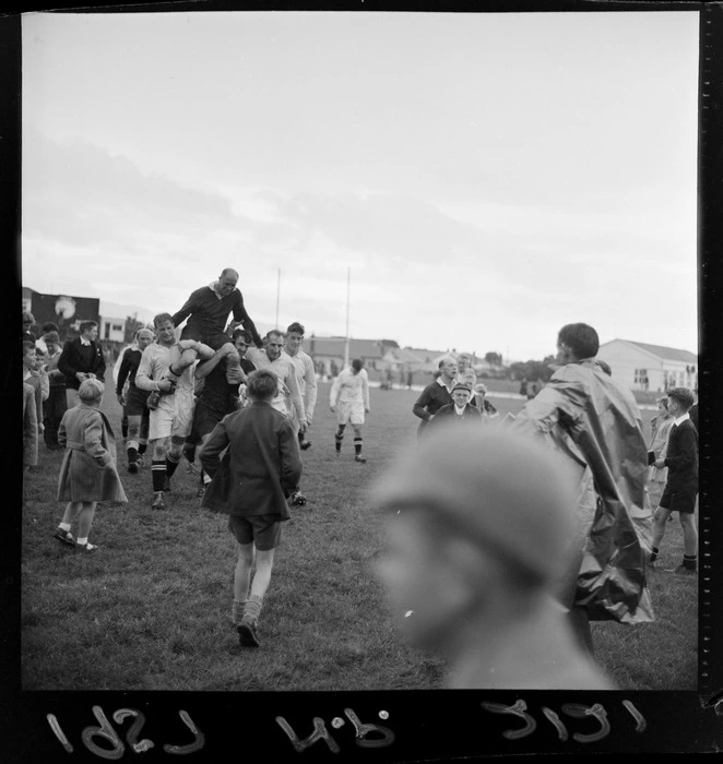 All Black, Mr Bob Scott, riding on the shoulders of players after his last rugby union football game, Wellington