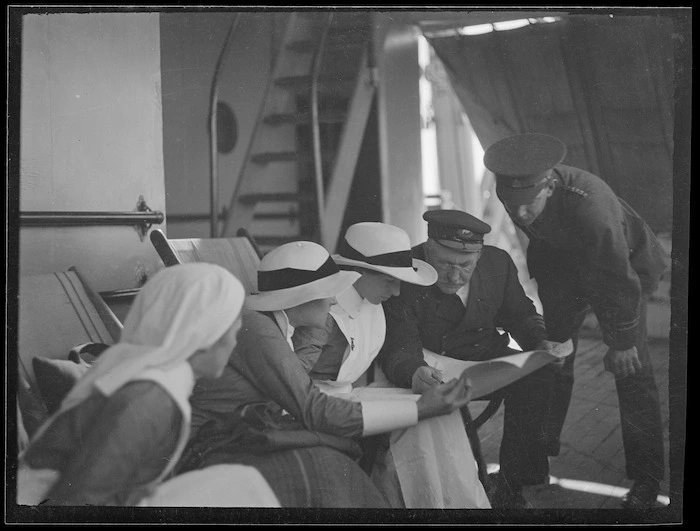 Group, including nurses, on board a troopship en route to Samoa