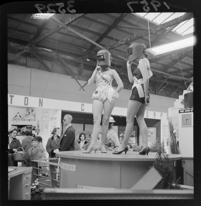 Models in a safety exhibition at the Wellington Industries Fair, Winter Show Building, Mt Cook, Wellington