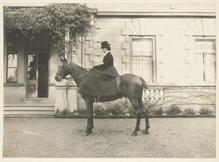 Lady Constance Knox on her horse Bruno, in the grounds of Government House, Auckland - Photograph taken by Herman John Schmidt