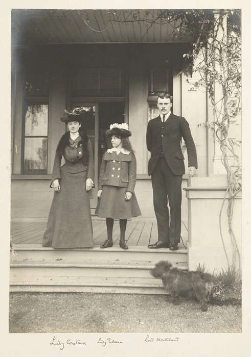Lady Constance Knox, Lady Eileen Knox and Lord Northland, in the grounds of Government House, Auckland - Photograph taken by Herman John Schmidt