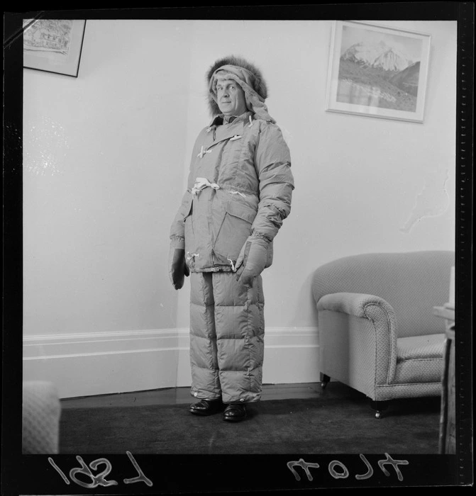 The Minister of Marine (Mr McAlpine) wearing padded clothing for a visit to Antarctica