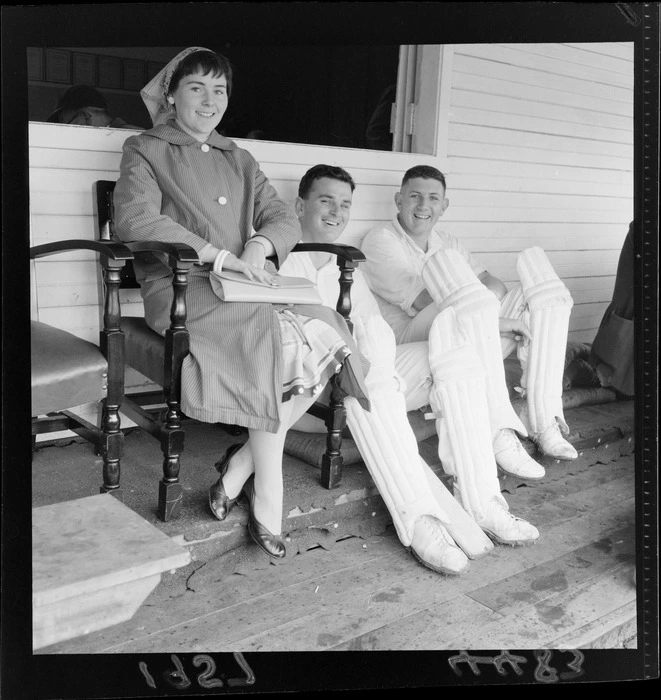 Two unidentified cricket players and a unidentified woman at cricket, Wellington