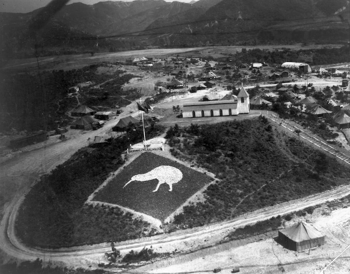 Headquarters of 16 NZ Field Regiment in Korea, with kiwi symbol