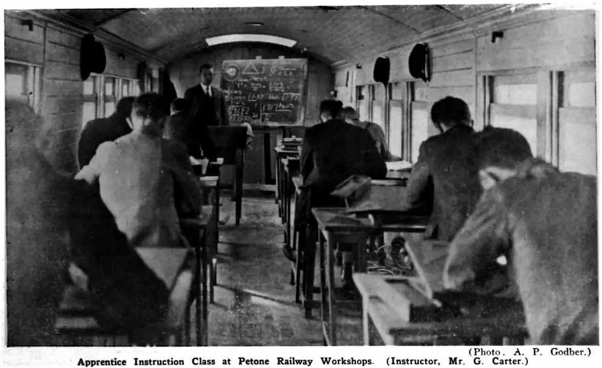 (Photo. A. P. Godber.) — Apprentice Instruction Class at Petone Railway Workshops. (Instructor, Mr. G. Carter.)