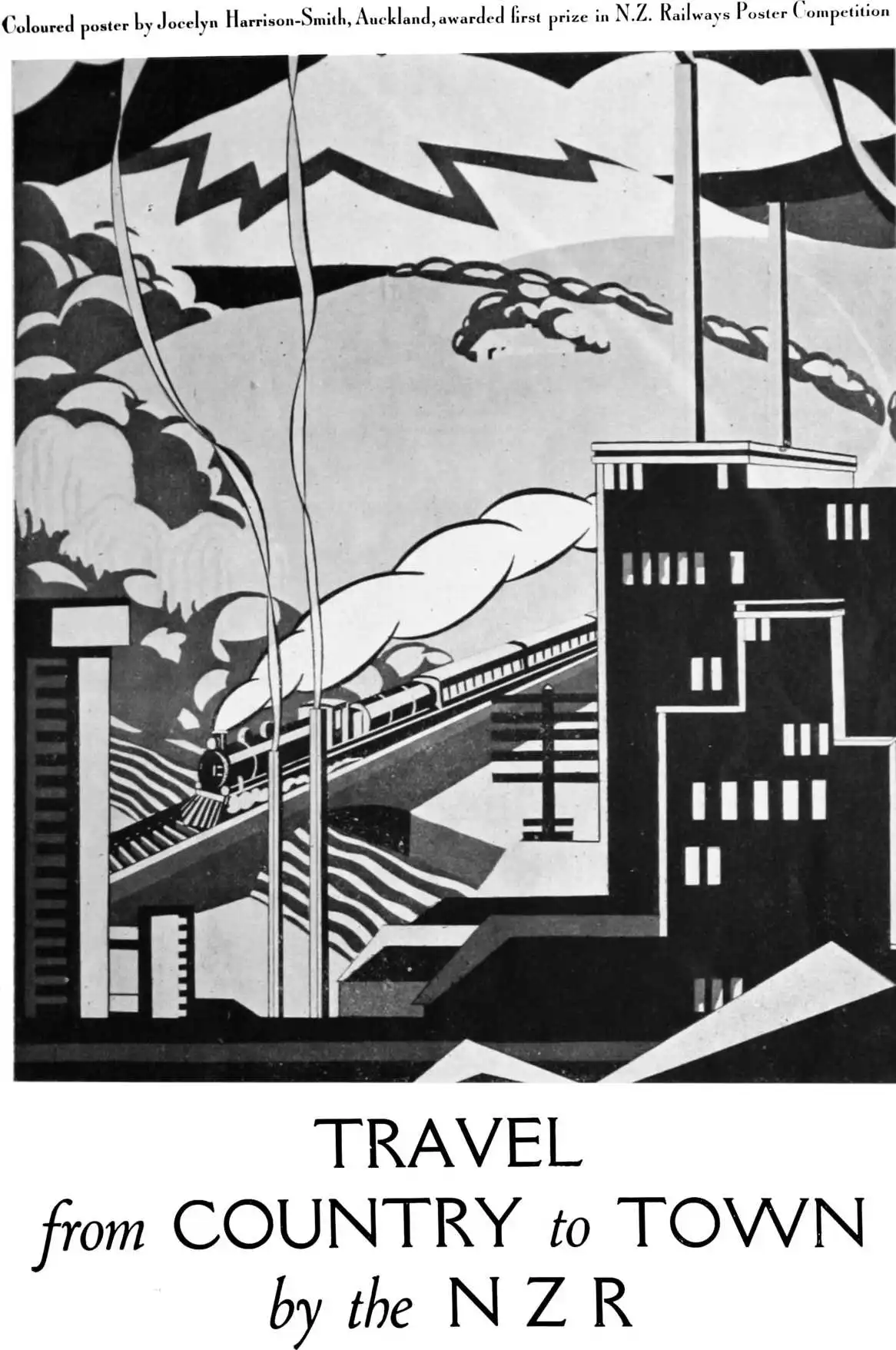 Coloured poster by Jocelyn Harrison-Smith, Auckland, awarded first prize in N.Z. Railways Poster Competition — Travel from Country to Town by the N Z R